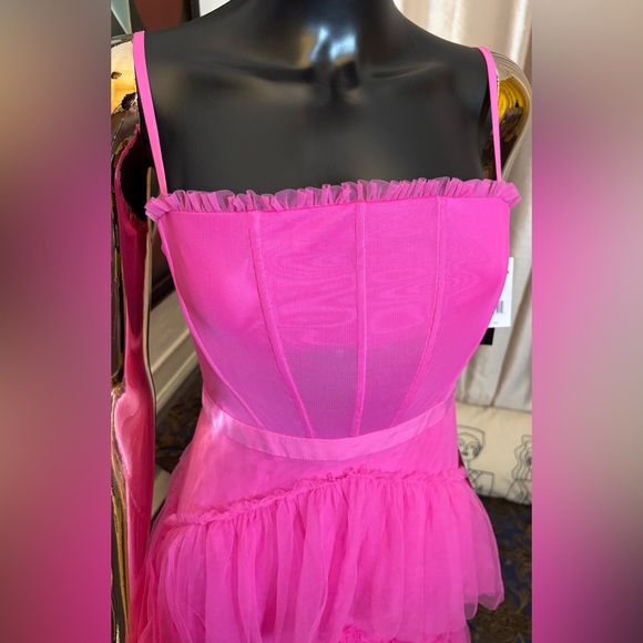 New Betsy & Adam Tiered Tulle Ruffle Corset Gown Dress Size 4 Hot Pink Mesh - Picture 3 of 11